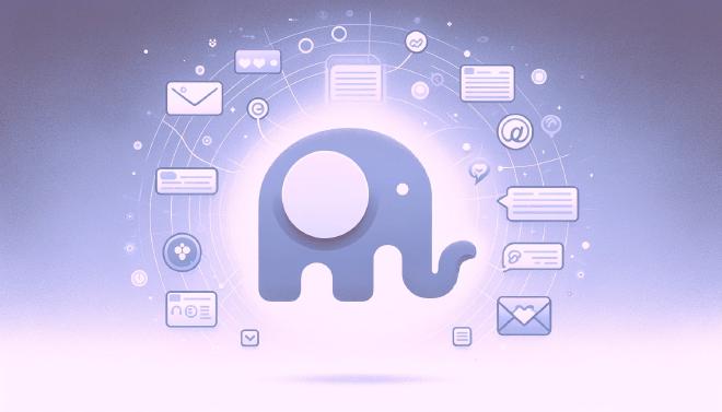 A stylized graphic of a purple elephant icon (symbolizing Mastodon&rsquo;s logo) centered amidst a variety of digital and communication symbols like chat bubbles, email icons, and social media symbols, all connected by faint, glowing lines on a soft, violet-tinted background.