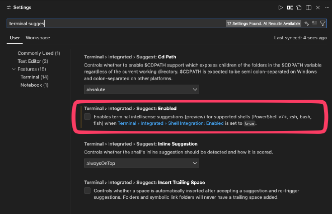 VS Code settings showing terminal suggest options